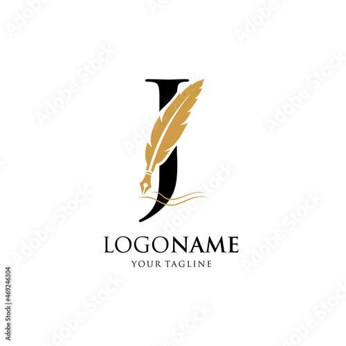 Letter J Feather Pen Logo Design Vector Icon Graphic Emblem Illustration Background Template