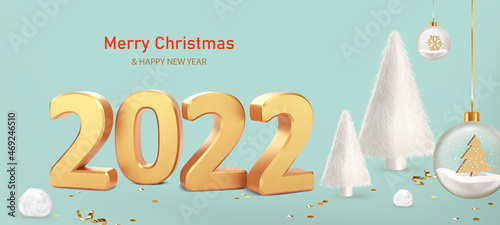 Happy New Year 2022. Numbers 2022 with fur balls and white fur Christmas trees on blue background. Trendy Xmas background with glass balls, glitter golden confetti. Realistic vector illustration