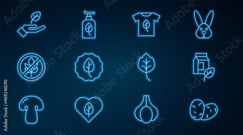 Set line Potato, Vegan milk, shirt, Leaf or leaves, Gluten free grain, Plant hand, and Organic cosmetic icon. Vector