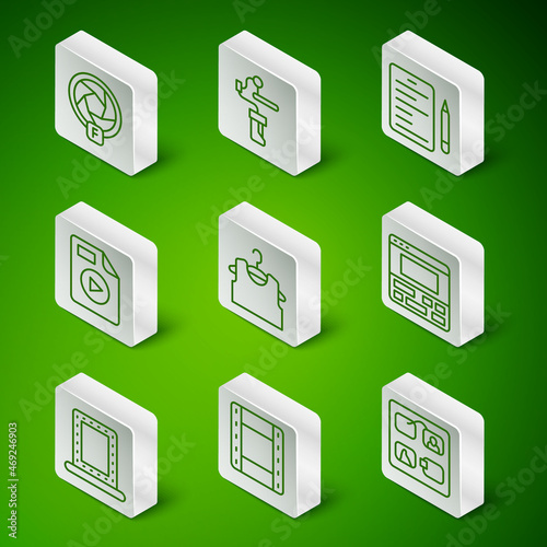 Set line Storyboard, Play Video, Camera shutter, Sleeveless T-shirt, AVI file document, Gimbal stabilizer for camera, Makeup mirror with lights and recorder on laptop icon. Vector