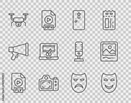 Set line FLV file document, Comedy theatrical mask, Backstage, Photo camera, Drone flying, Video recorder laptop, Drama and frame icon. Vector