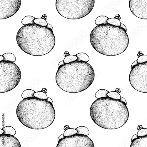 Mangosteen tropical fruit seamless pattern. Fresh organic food. Vector illustration with sketch.