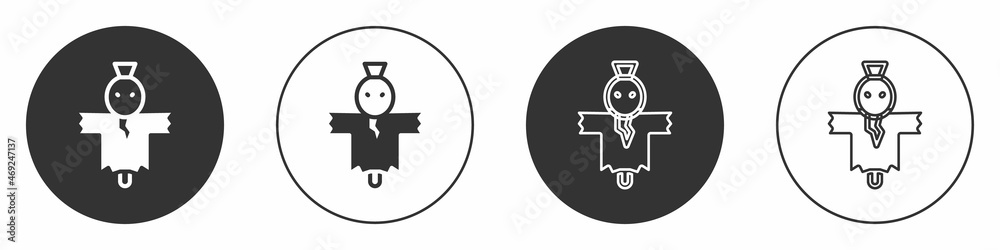 Black Scarecrow icon isolated on white background. Happy Halloween party. Circle button. Vector Black Scarecrow icon isolated on white background. Happy Halloween party. Circle button. Vector