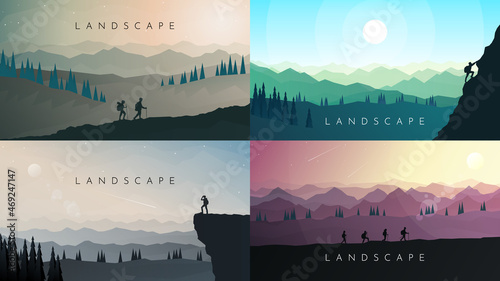 Mountains landscape. Travel concept of discovering, exploring, observing nature. Hiking tourism. Adventure. Minimalist graphic flyer. Polygonal modern flat design. Vector landscape. Illustrations set.