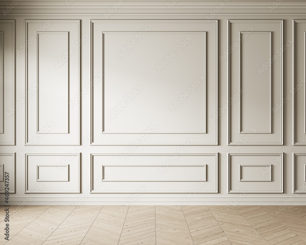Beige classic interior with moldings wall panel. 3d render illustration ...