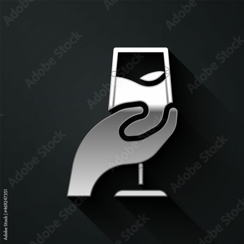Silver Wine tasting, degustation icon isolated on black background. Sommelier. Smells of wine. Long shadow style. Vector