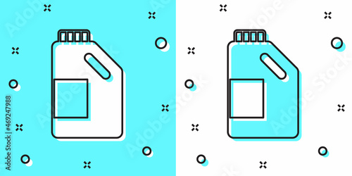 Black line Plastic bottle for laundry detergent, bleach, dishwashing liquid or another cleaning agent icon isolated on green and white background. Random dynamic shapes. Vector