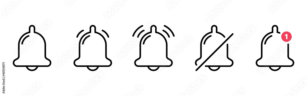 Obraz premium Set of Notification Bells and Silent Mode Concept Line Icons. Ringing Doorbells Outline Icons for Mobile Phone App. Bell with Red Button. Notice Symbol on Smartphone. Isolated Vector Illustration