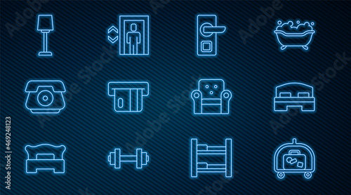 Set line Hotel luggage cart, room bed, Digital door lock, Credit card, Telephone handset, Table lamp, Armchair and Lift icon. Vector