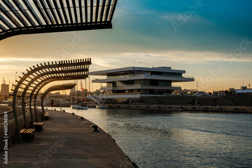 Veles e Vents building seen from the harbour shore with calm sea, Valencia Spain