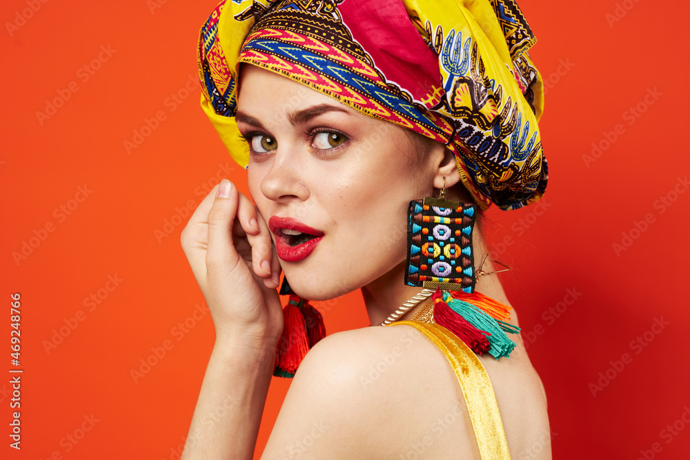 beautiful woman in multicolored turban attractive look Jewelry Studio Model