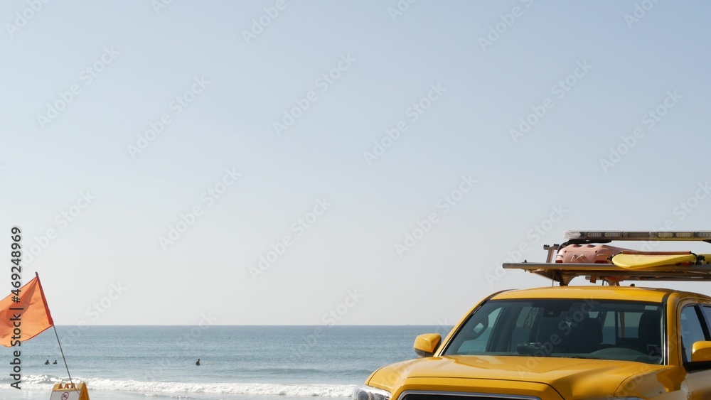 Yellow lifeguard car, Oceanside beach, California USA. Coastline rescue life guard pick up truck, lifesavers vehicle. Iconic auto and ocean coast. Los Angeles vibes, summertime aesthetic atmosphere. Yellow lifeguard car, Oceanside beach, California USA. Coastline rescue life guard pick up truck, lifesavers vehicle. Iconic auto and ocean coast. Los Angeles vibes, summertime aesthetic atmosphere.