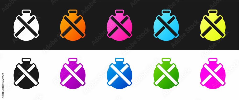 Set Canteen water bottle icon isolated on black and white background. Tourist flask icon. Jar of water use in the campaign. Vector Set Canteen water bottle icon isolated on black and white background. Tourist flask icon. Jar of water use in the campaign. Vector