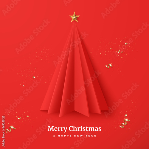 Merry Christmas and Happy New Year minimalistic greeting card. Decorative Christmas tree folded of paper with a gold star on top. 3d style. Winter holidays poster design. Vector illustration.