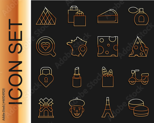 Set line Macaron cookie, Scooter, Cheese, Cherry cheesecake slice, Map of France, Coffee cup, Louvre glass pyramid and icon. Vector