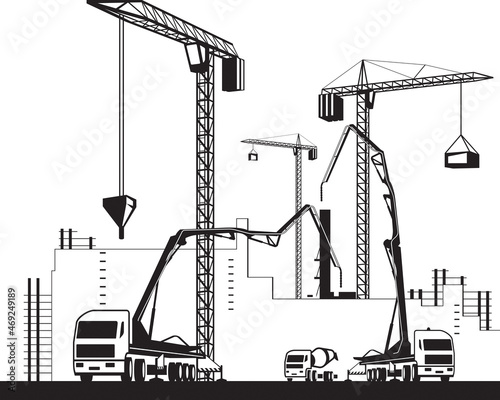 Cranes and concrete pump trucks on construction site – vector illustration