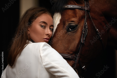 portrait beautiful woman long hair next horse