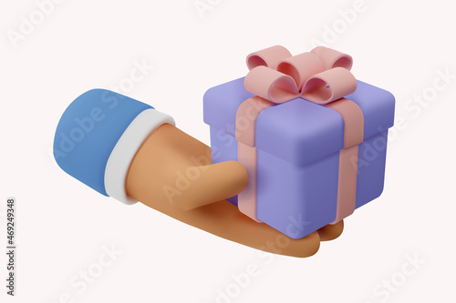 3d icon gift in hand. Vector cartoon arm holding gesture. Realistic illustration of giving a present for social media