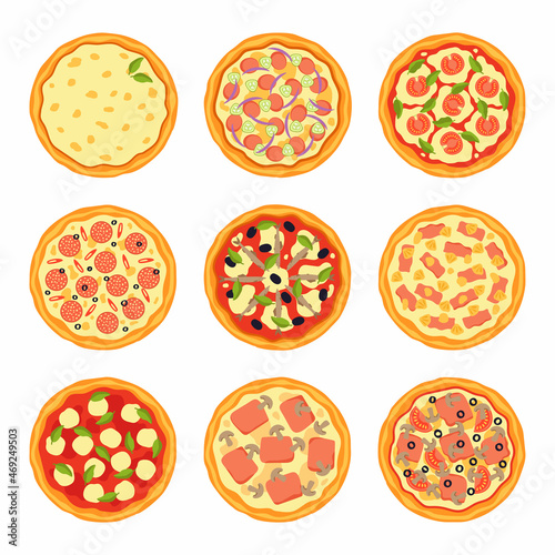 Set of traditional Italian pizzas isolated on white background. Different ingredients. Vector illustration in flat style.