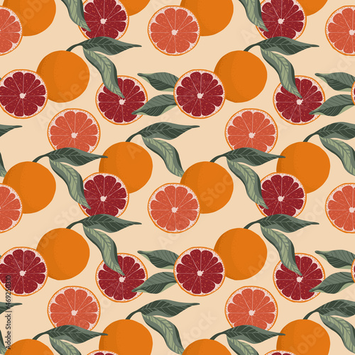 Orange and grapefruit with leaf vector seamless pattern 