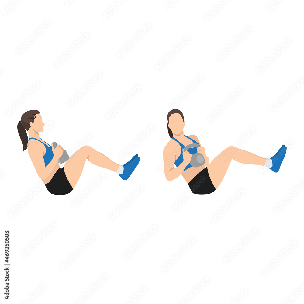 Woman doing Kettlebell Russian twist exercise. Flat vector illustration  isolated on white background. workout character set Stock Vector | Adobe  Stock