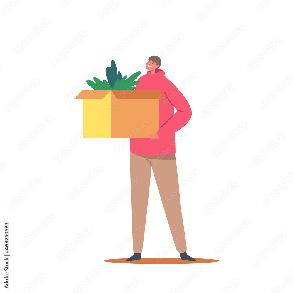 Boy Character Holding Carton Box with Festive Decor for Xmas Holidays and Home Decoration. Winter Holidays, Christmas Boy Character Holding Carton Box with Festive Decor for Xmas Holidays and Home Decoration. Winter Holidays, Christmas