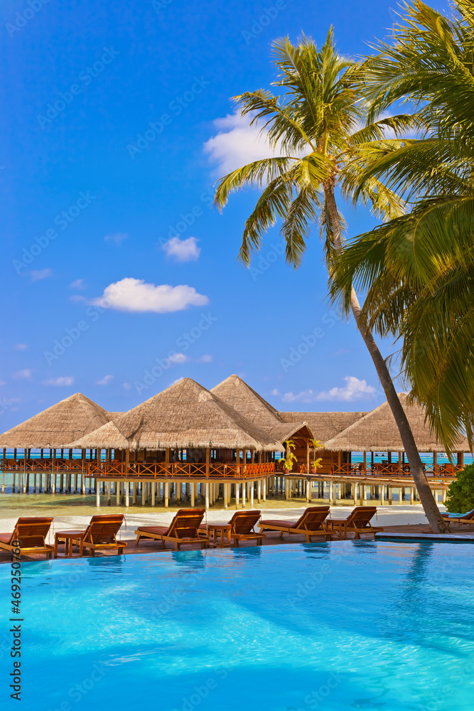 Pool and cafe on Maldives beach