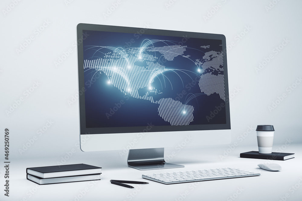 Modern computer monitor with abstract digital world map with connections, research and strategy concept. 3D Rendering Modern computer monitor with abstract digital world map with connections, research and strategy concept. 3D Rendering