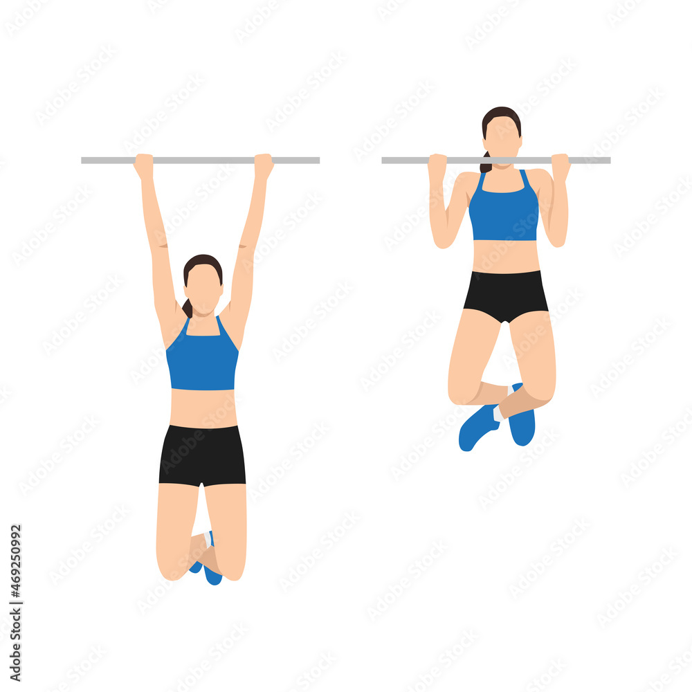 Woman doing Chin up exercise. Flat vector illustration isolated on white background. workout character set Woman doing Chin up exercise. Flat vector illustration isolated on white background. workout character set