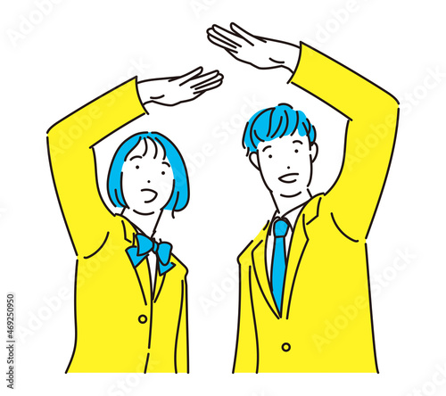 シンプル　イラスト　目標に向かってがんばる制服姿の学生　男の子　女の子