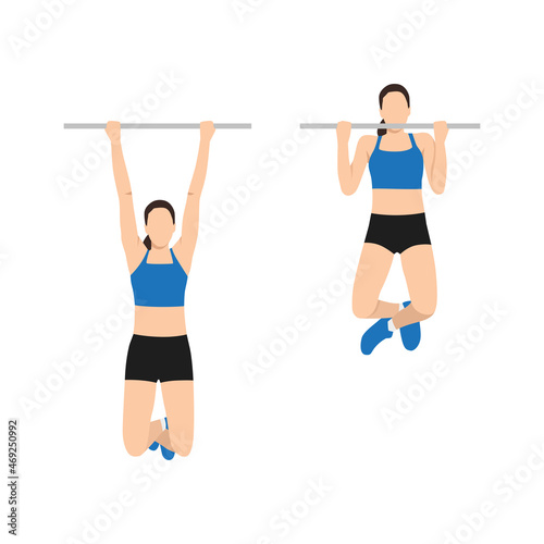 Woman doing Chin up exercise. Flat vector illustration isolated on white background. workout character set