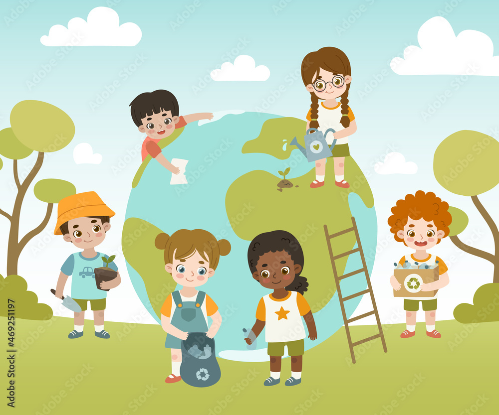 Friendly kids take care of the planet earth. Diverse children recycling, gardening, cleaning in the park. Poster about care of environment.
