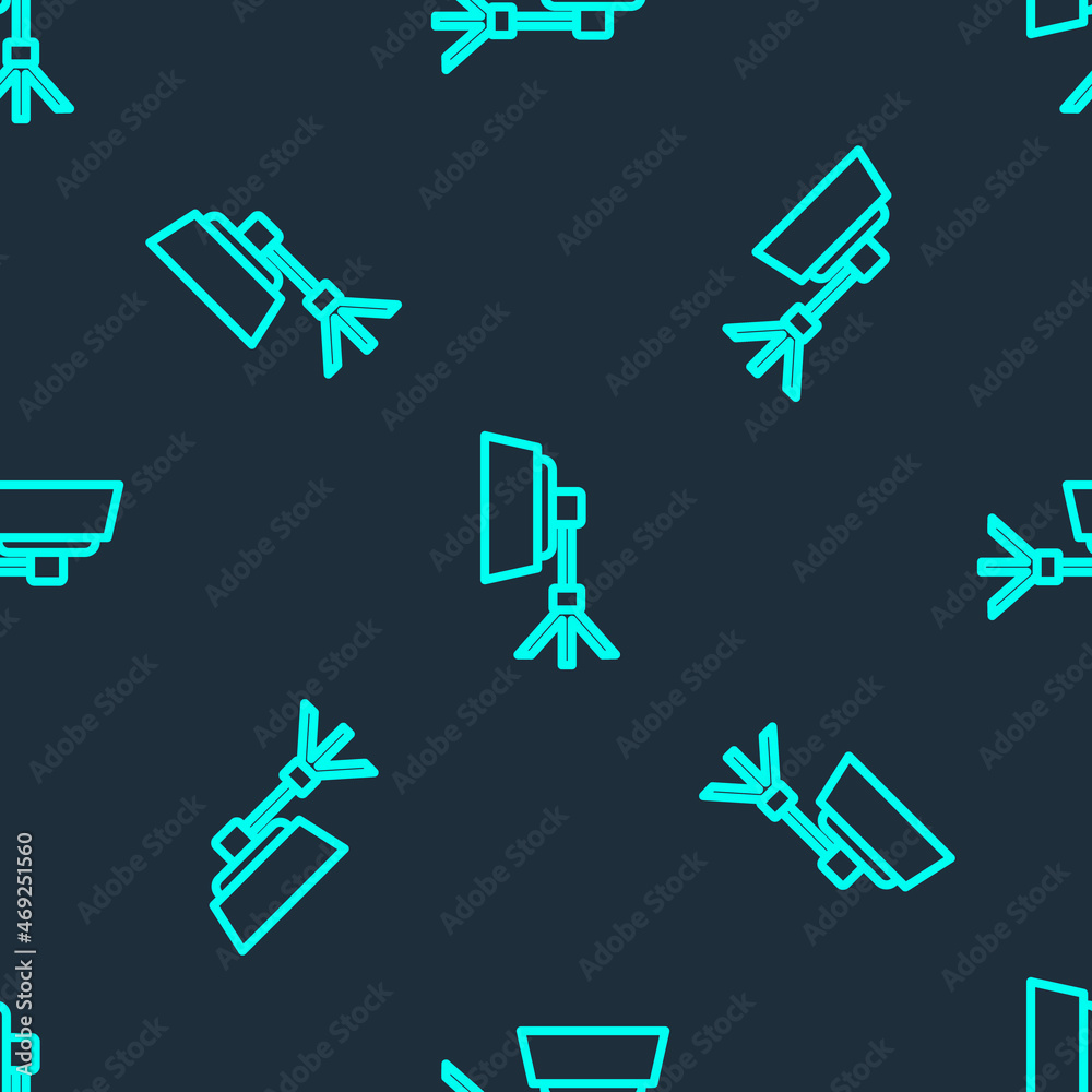 Green line Studio light bulb in softbox icon isolated seamless pattern on blue background. Shadow reflection design. Vector Green line Studio light bulb in softbox icon isolated seamless pattern on blue background. Shadow reflection design. Vector