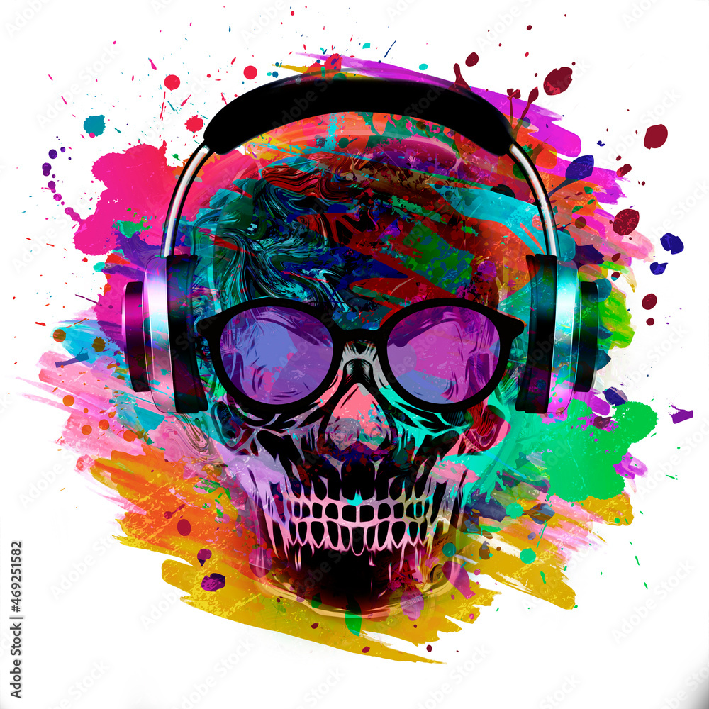 Colored skull with earphones in eyeglasses with creative abstract colorful spots elements on white background - obrazy, fototapety, plakaty 