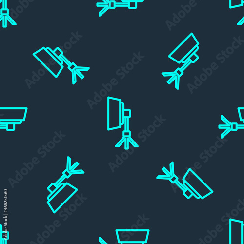 Green line Studio light bulb in softbox icon isolated seamless pattern on blue background. Shadow reflection design. Vector