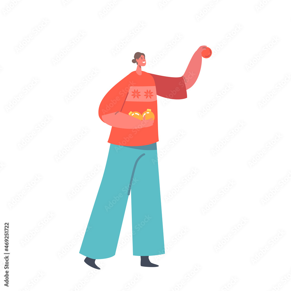 Woman with Toys on for Decoration Fir Tree, Girl Decorate Home for Xmas and New Year Holidays Celebration Woman with Toys on for Decoration Fir Tree, Girl Decorate Home for Xmas and New Year Holidays Celebration