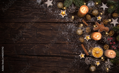 Christmas decoration on wooden background, lots of copy space for product or ...