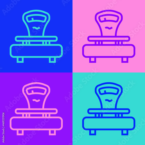 Pop art line Scales icon isolated on color background. Weight measure equipment. Vector