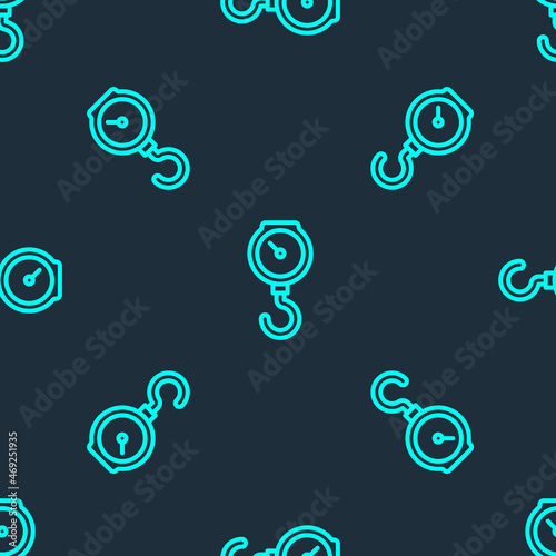 Green line Hand scale spring mechanical icon isolated seamless pattern on blue background. Vector