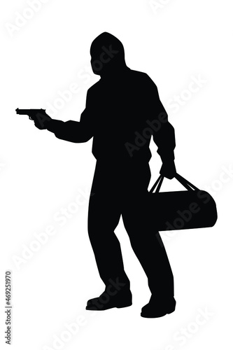 Robber with his gun weapon for rob the bank silhouette vector on white background. Danger man in public.
