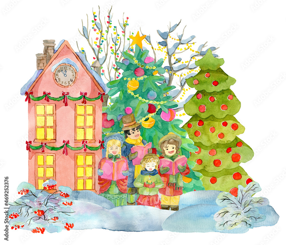 Watercolor illustration with family singing carols, beautiful cottage house, decorated conifer and nature isolated on white.