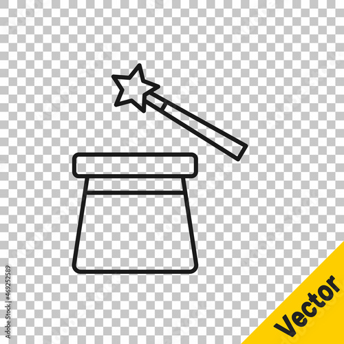 Black line Magic hat and wand icon isolated on transparent background. Magic trick. Mystery entertainment concept. Vector