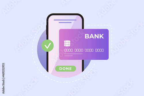 Mobile application sign for online payment. Smartphone screen with a bank card. The concept of online payment and online shopping. Vector flat illustration.