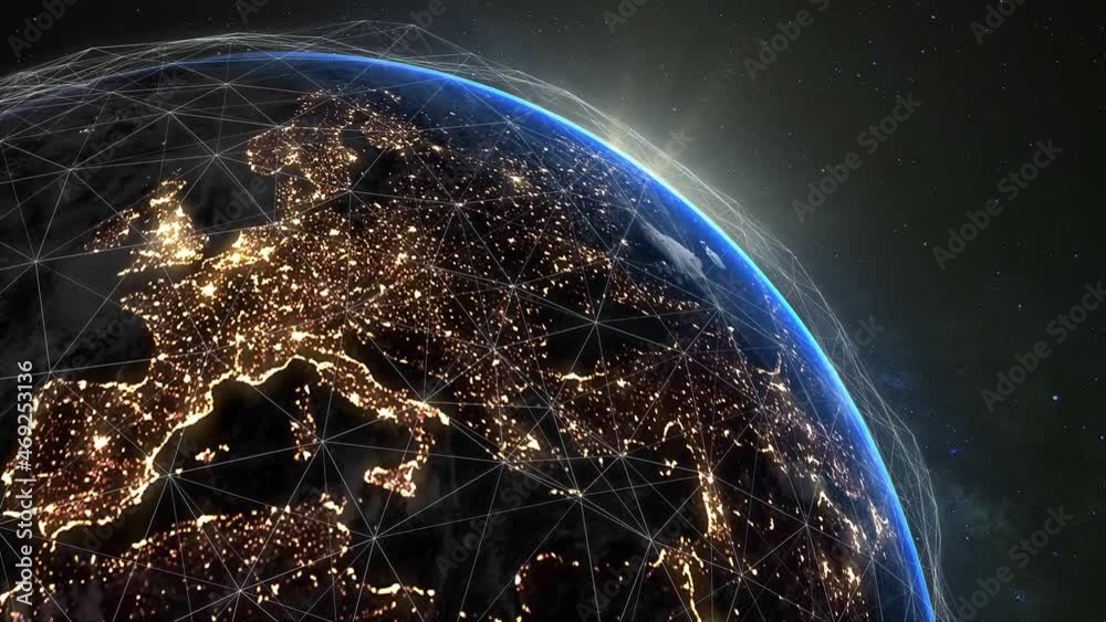 Global Digital Network Around Planet Earth. Big Data Cloud. World Connections with Plexus Lines. Seamless loop, 3d animation. High quality 4k footage