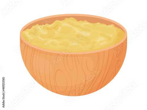 Ghee in wooden bowl. Asia traditional butter in cartoon style. Food ingredient for cooking.