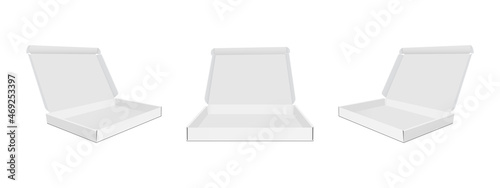 Empty Cardboard Boxes with Opened Lid, Front and Side Views, Isolated on White Background. Vector Illustration