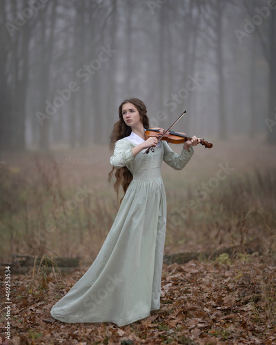 Young girl with violin in autumn misty forest photo