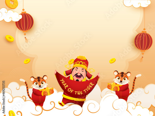 Chinese Caishen Holding Year Of The Tiger Ribbon With Cartoon Tigers  Golden Yuan Bao  Lanterns Hang And Clouds On Pastel Orange Background.