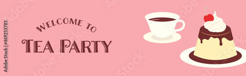 vector background with a custard pudding on a plate and a cup of tea for banners, cards, flyers, social media wallpapers, etc.