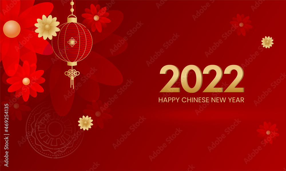 Golden 2022 Happy Chinese New Year Font With Lanterns Hang, Sakura Flowers On Red Background.